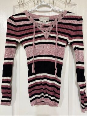 Arizona Women’s Quaters Lace Striped Multicolored Ribbed Knit Long Sleeve